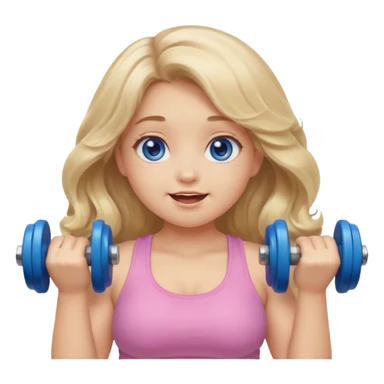 Kawaii emoji girl with big  blue glossy eyes, long wavy dirty blonde hair, happy expression, holding a dumbell, chubby cheeks, soft pastel colors, cozy and sweet aesthetic, clean background. sticker