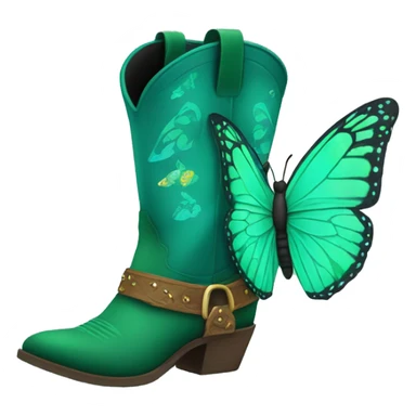 Green butterfly flying around a teal cowboy boots sticker
