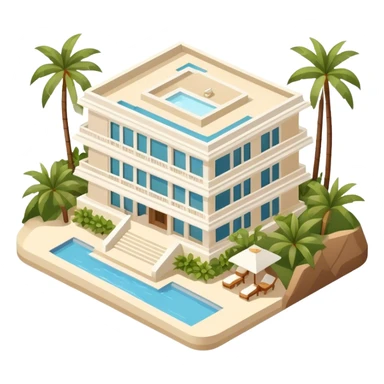 White and beige luxury resort hotel Hawaii, isometric exterior sticker