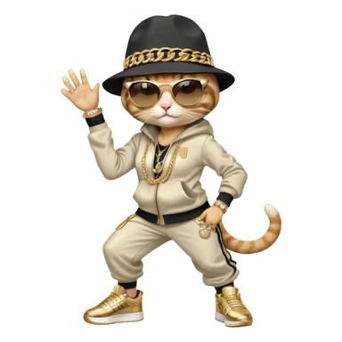 female cat wearing Run DMC hip-hop outfit with tracksuit, fedora, Adidas sneakers, dark sunglasses, many gold chains and bling accessories, break dancing sticker