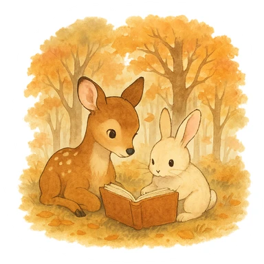 cute deer and bunny reading together in a soft autumn forest scene, ghibli style sticker