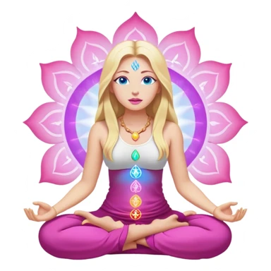Cinematic realistic blonde with long hair, blue eyes, pink lips meditates, her chakras glow sticker