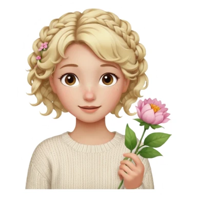 blonde hazel eyes girl holding a flower with a white cable knit sweater and a curly messy bun with tendrils of hair flowing down her face and she is happy pale, some freckles, blush sticker