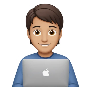 A man in his mid 20s, middle part average dude with slightly droopy eyes, happy, using a MacBook (no logo), hero for an iOS developers website sticker