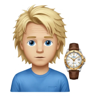 Create a look for a blond boy with long, tousled hair, light eyes, a white t-shirt, a wealthy appearance, blue eyes, and accessories like a Rolex or Cartier watch, and a cute face with messy hair down. sticker