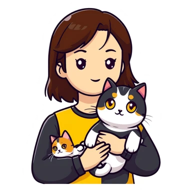 Brown straight-haired girl with black top, white cat with yellow eyes, and calico cat sticker