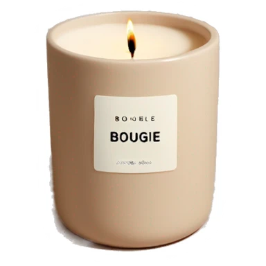 candle in a cream vessel that has a label That says bougie by Joëlle in clay color sticker
