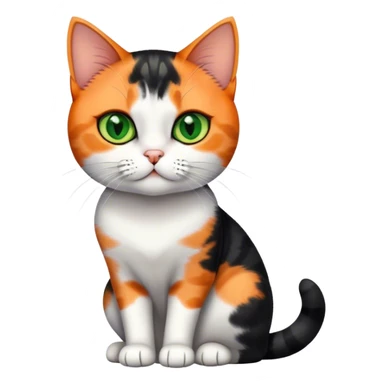 American shorthair calico cat with big green eyes and black fur on the right side of their face and orange on the left side sitting down sticker