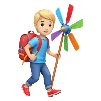 cute boy carrying a toy windmill backpack, colorful windmill spinning on the back, happy expression, casual outfit, 3D cartoon, mobile game icon style, clean background, no text, no watermark
 sticker