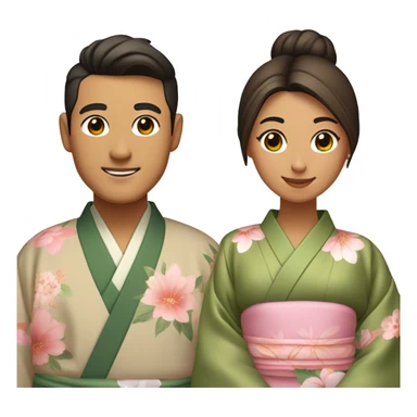 asian couple - medium skin man with center split slightly wavy hair wearing kimono with olive green inside and brown outside, light medium skin woman with a low bun and flowers in her hair wearing light pink kimono with pastel florals of different colors sticker