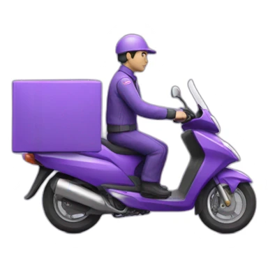 a purple delivery motorbike with delivery man and small b white logo sticker