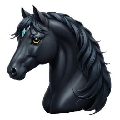 Cinematic Elegant Black Horse Portrait Emoji, Head held high with a serene, powerful gaze, showcasing a magnificent jet-black fur with a radiant, glossy finish, a flowing mane and tail, and piercing dark eyes exuding beauty and strength, Simplified yet majestically refined features, highly detailed, glowing with a soft, ethereal light, high shine, poised and breathtaking, stylized with an air of pure elegance, capturing the essence of a stunning and graceful steed, so beautiful it feels like it could gallop out of the screen with effortless charm! sticker
