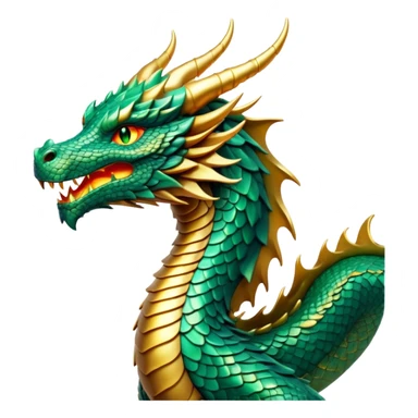 cinematic-noble-dragon-portrait-emoji,-poised-and-majestic,-with-a-sinuous,-elongated-body-covered-in-intricately-detailed,-shimmering-scales-in-hues-of-emerald-and-gold,-and-piercing,-fiery-eyes-that-reflect-ancient-wisdom; Breathing fire sticker