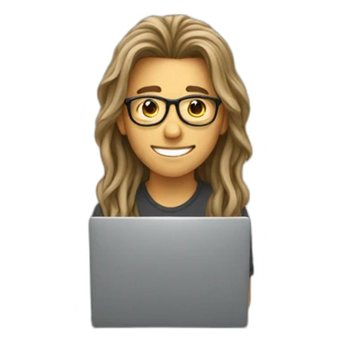 a young man with long hair and wearing glasses sitting with a computercheering sticker