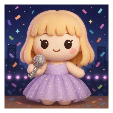 Pretty and girly Blonde pop star with bangs wearing a sparkly tulle light purple ballgown, holding a bedazzled microphone, reimagined as a soft kawaii plushie doll, with a nighttime concert backdrop with colorful confetti sticker