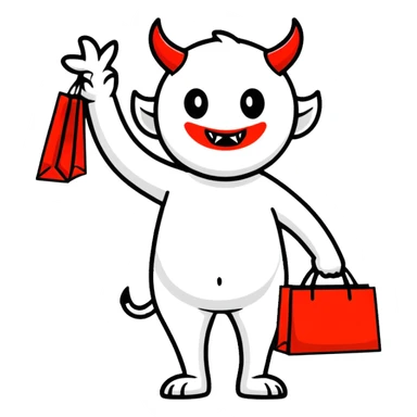 Devil character with shopping bags, excited about shopping sticker
