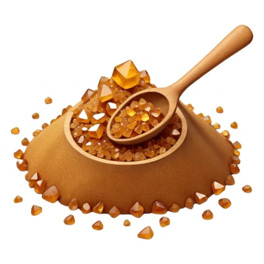 mound of brown sugar, golden to amber, coarse and irregular crystals, a few scattered crystals at base, with a small wooden spoon partially dipped in, clean, 3D, soft shadows, natural organic texture, no cartoon or anthropomorphic features, no packaging, no bowl, transparent background, emoji scale sticker