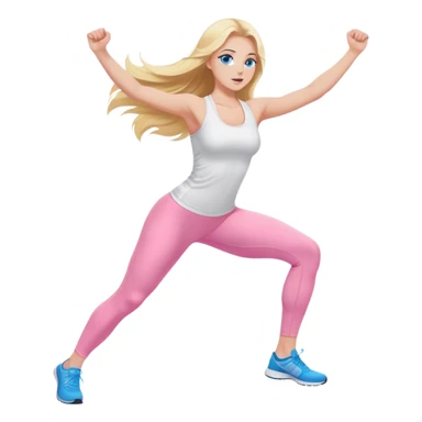 A cinematically realistic blonde with long hair and blue eyes, dressed in a white top and pink leggings, performs a sports exercise sticker