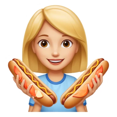 A girl holding two hot dogs, smiling proudly before eating.






















 sticker