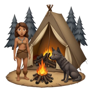 a NEANDERTHAL WOMAN WITH BROWN HAIR STANDING BY A FIRE AND TENT WITH BLACK WOLF sticker