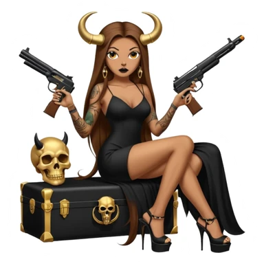 Sensual woman long brown straight haired sexy drug lord woman with tattoos on arm sleeves and black thick butt platform high heels on her feet, and devil black horns on her head, she is holding a skull head and a gun. Sitting on gold cases full of gold , long black dress with sexy slit sticker