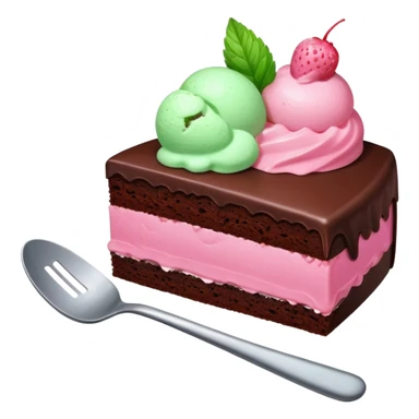 Slice of chocolate cake with strawberry icing and a scoop of mint ice cream on the side sticker
