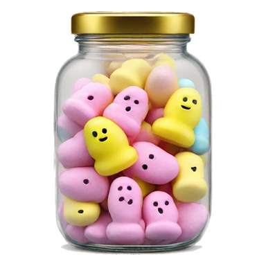 Realistic easter candy Peeps marshmallows in a glass jar with a gold screw on lid on the top. sticker