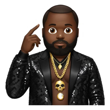 Rick Ross with dark brown hair, black sequin outfit sticker