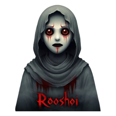 Dark horror wallpaper, 1080x2400, smoky grey charcoal background, subtle eerie light, misty fog, floating dust ("dhoasha dhoasha"), centered text "ROJONI" in distressed horror font, faint red smears, cinematic grain, spooky vibe --ar 9:20 --v 5 sticker