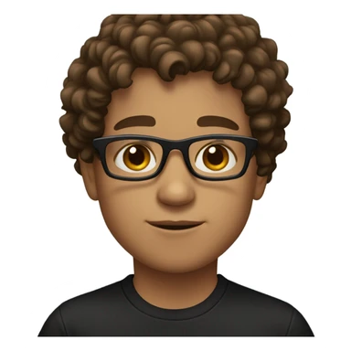A boy with brown curly hair and black glasses with brown eyes and a black shirt sticker