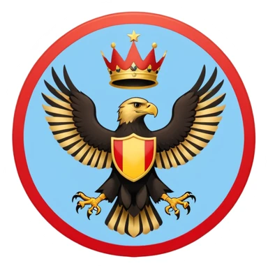 A light blue flag featuring a red and black horizontal stripe across the center. In the middle, a yellow circle contains a golden heraldic eagle with spread wings and a small crown above its head. Flat 2D vector style. sticker