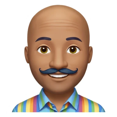 Oxumarê as a very happy and spontaneous smiling 37-year-old bald man with very dark skin, smooth oval head, indigenous facial features, mustache with circular beard only on chin, a round mole on the right side below the lip, wearing a blue striped dress shirt, with rainbow serpent, Memoji style sticker
