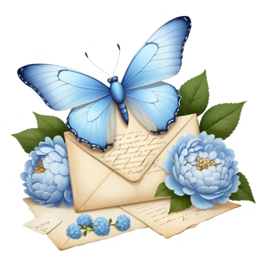 A delicate still life of a pale blue butterfly resting on an aged love letter, sealed with golden wax, accompanied by a bouquet of white peonies and soft blue hydrangeas, with pearl beads scattered nearby.
 sticker