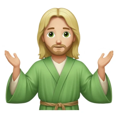 Jesus, green eyes, blonde hair, light green church robe. opening arms, gazing thoughtfully. Soft light, subtle fern. Waist-up, profile. sticker