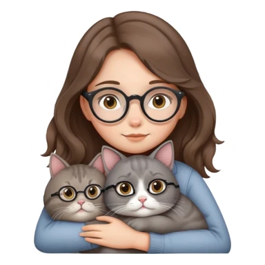 girl with slight wavy long brown hair wearing round specs carrying/hugging a fat grey cat with round ears  sticker