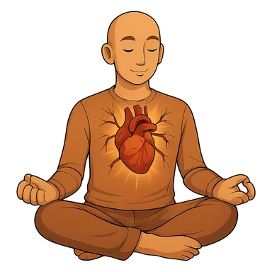 Person is meditating and his heart is glowing and shining, general style, with a real organ heart form, with no background, more a form, not cut the arteries, but make them connected to blood system sticker
