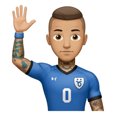 tan foosball player wearing blue jersey number 0 with tattoos on right arm sticker