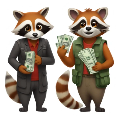 1 male raccoon and 1 female red panda in a bank each holding a bag of cash sticker
