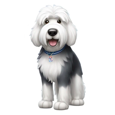 Old English Sheepdog full height wearing a Los Angeles dodgers shirt sticker