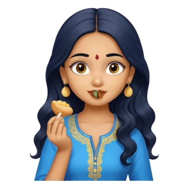 a pretty tan indian bratz girl. eyeliner on, wearing a blue kurti, eating golgappa. NO SPOON. wavy long black hair sticker