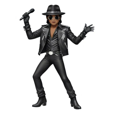Michael Jackson on stage with microphone buttonhole in full body, wearing his iconic concert costume—black leather jacket, sequined glove, fedora, and boots. He strikes a powerful pose, embodying the energy of R&B music. Transparent background. sticker