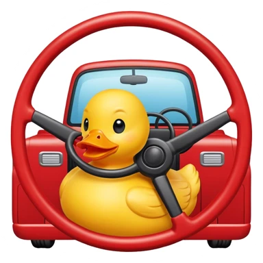 yellow rubber ducky at the steering wheel driving a red truck sticker