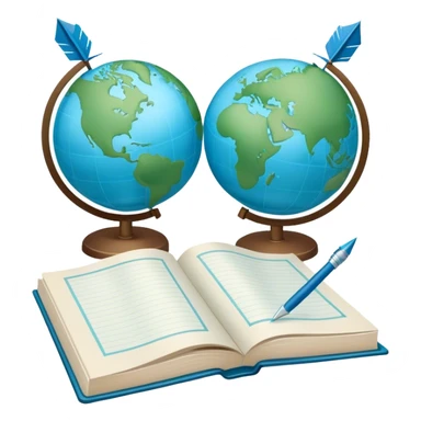 Create an emoji representing language translation. The design should feature a single globe in the background, symbolizing international communication. In front of the globe, place two books or sheets of paper, with a pen nearby to indicate the act of writing. Add two arrows pointing in opposite directions between the sheets to represent the translation process. Use a clean and professional color palette with blues, greens, and neutral tones. Do not include any emojis or smiley faces. Make the background transparent sticker