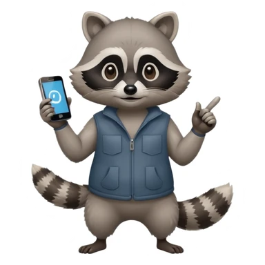 racoon holding a phone and pointing a finger to it full body friendly calm sticker