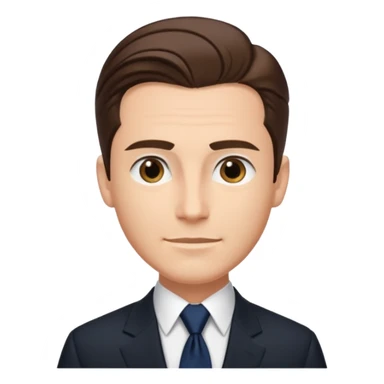 Caucasian man with slicked back brown hair, black suit, navy tie, elegant look standing  sticker