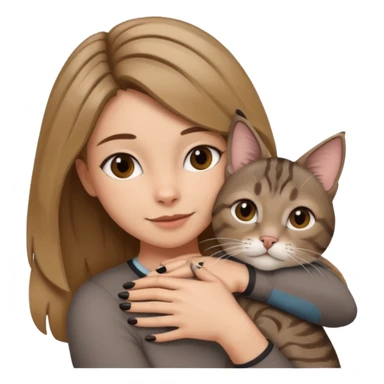 Une femme avec les cheveux dégradée, brun et blond, qui fait un câlin à son chat gris, tigré avec les extrémités que pattes pointe d’oreilles noires et le dessous du menton blanc  sticker