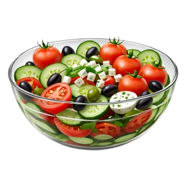 mediterranean salad bowl object icon, served in a transparent glass bowl, tomatoes, cucumbers, olives, feta cheese, olive oil dressing, glossy fresh look, 3D cartoon, mobile game icon style, centered, clean background, soft shadow, no text, no watermark sticker