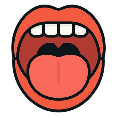 Schematic open mouth with visible tongue, symbolizing speech articulation and sound practice. Vector style, clean and sharp lines. Include realistic shadows and light reflections for depth. Minimalistic, educational design. Transparent background. High contrast between tongue, teeth, and lips for clarity. Flat illustration with soft shading, suitable for speech therapy materials sticker
