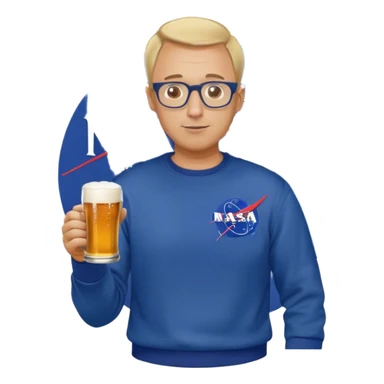 happy fat man, drinks a beer,  blond short and hight receding hairline, wearing a dark blue sweatshirt, nasa logo on the sweatshirt, round glasses without frame, 40 years old sticker