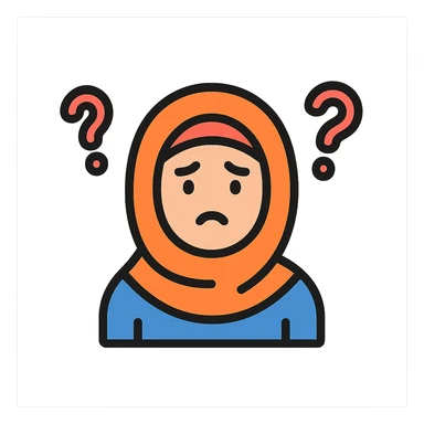 confused girl in hijab, '??' symbols circling her head, simple icon style, colorful and friendly sticker